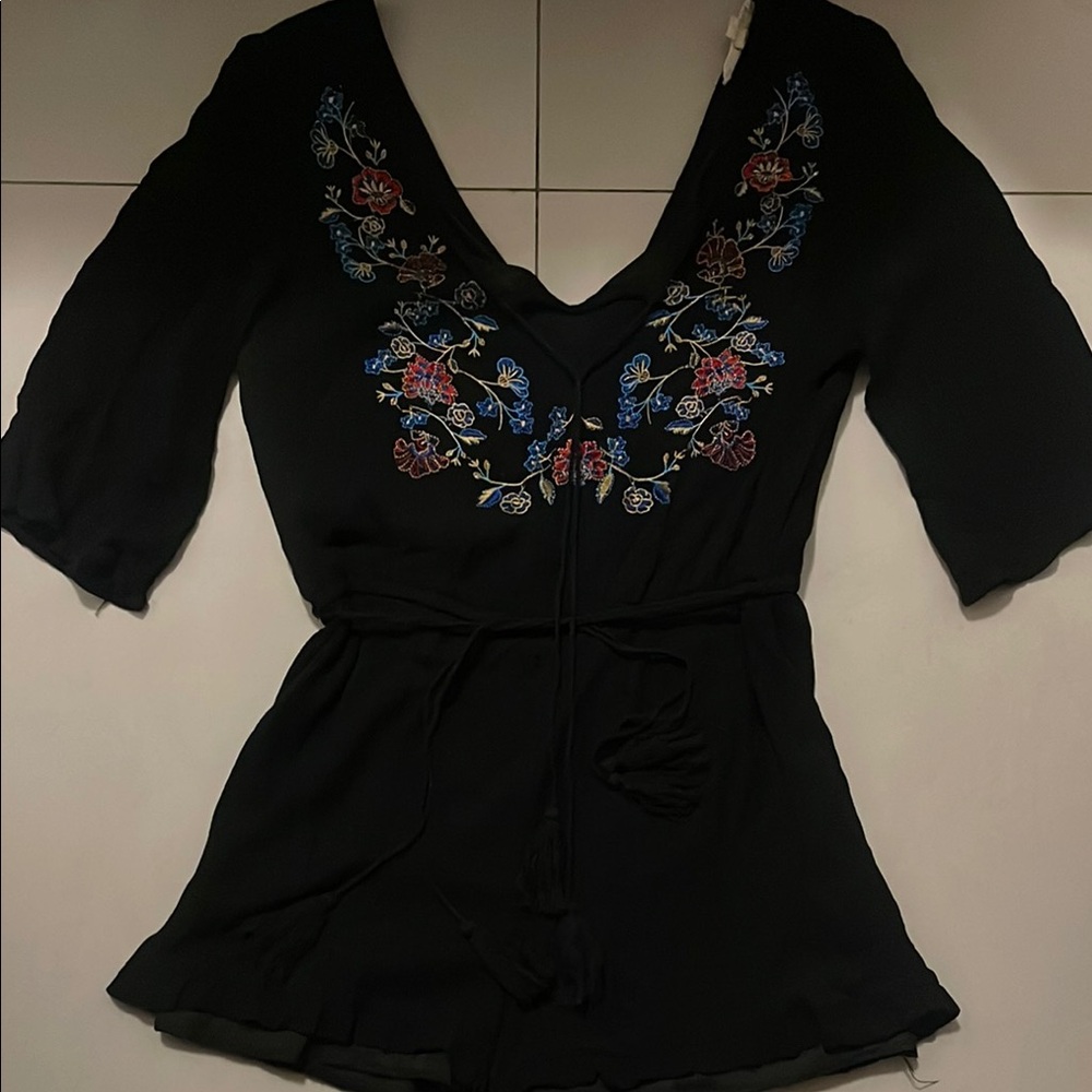 Rebellion Black Romper with Blue Floral Embroidered Detail